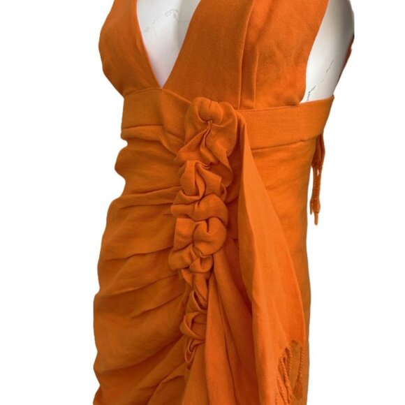 Just Bee Queen Tulum Dress Tangerine Orange Linen Size Small Asymmetrical Ruched - Picture 3 of 10